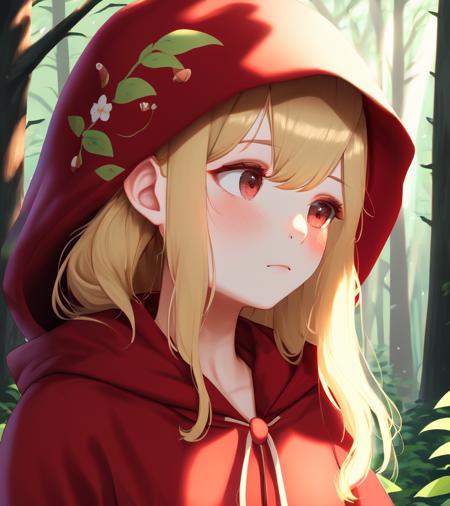 14366-3258936212-highres, best quality, 1girl, blonde hair, red dress, forest, mist, mushrooms, soft lighting, floral print, portrait, looking to.png